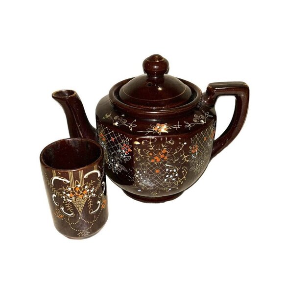 Vintage Japan Moriage Redware Hand Painted Floral Brown Coffee Tea Pot & Cup - Picture 1 of 10